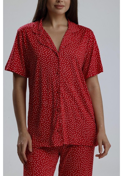 Kompedan Kadın Puantiye Desen Önden Düğmeli Pijama Takım Kırmızı P. Kırmızı