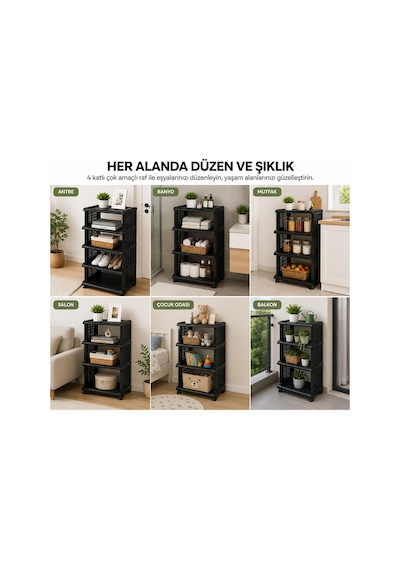 5 Raflı Ayakkabılık Siyah Çok Amaçlı Düzenleyici Raf, Antre & Banyo Organizer Siyah