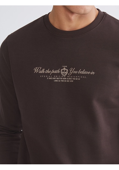 Lcwaıkıkı Classic Kahverengi Standart Kalıp Bisiklet Yaka Baskılı Erkek Kalın Sweatshirt