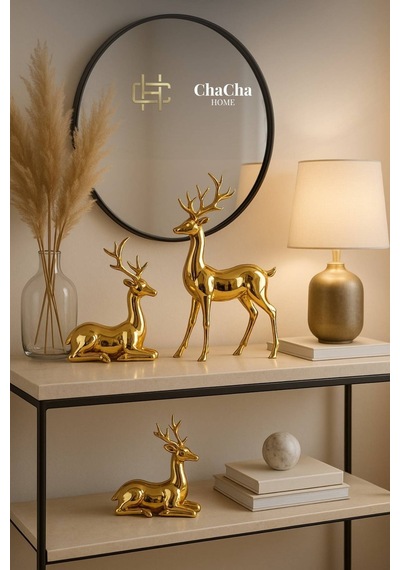 Chacha Home Dekoratif İkili Geyik Seti - Modern Gümüş/altın/antrasit Figürlü Ev Aksesuarı