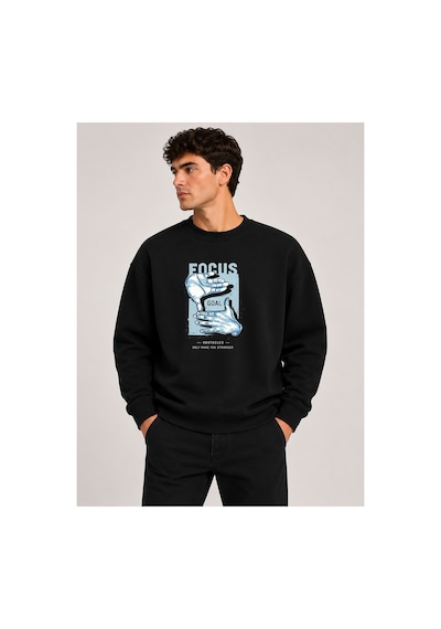 Herkesemoda Focus Baskı Detaylı Bisiklet Yaka Şardonlu 2 İplik Sweatshirt Siyah