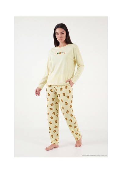 Lela Desenli Yumuşak Dokulu Uzun Kollu Pijama Takımı Kadın Pijama Takımı 6575016 Sarı sari