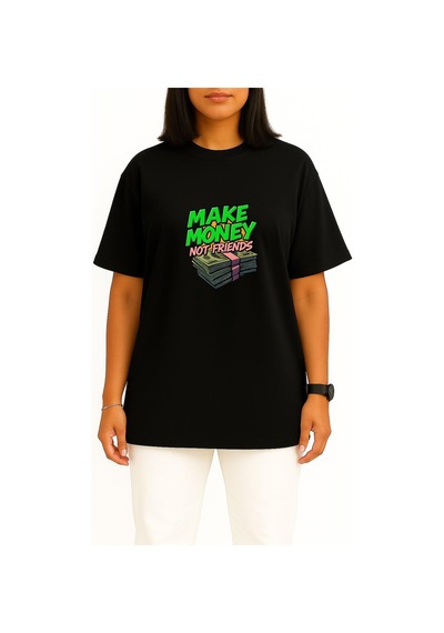 Bahriyeli Collection Oversize Para Kazan Arkadaş Değil Göğüs Baskılı Unisex T-shirt Siyah