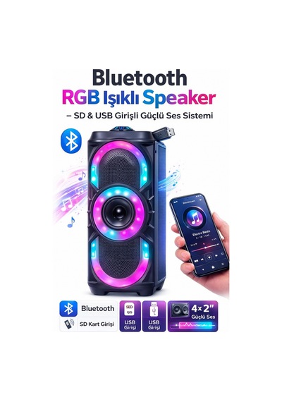 Pl-4525 Bluetooth Rgb Işıklı Speaker 4x2 Sd & Usb Girişli Güçlü Ses Sistemi