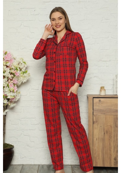 Farya Home Dreamy Ekoseli Pamuklu Biyeli Uzun Kollu Gömlek Pijama Takımı Kırmızı Ekose Kırmızı