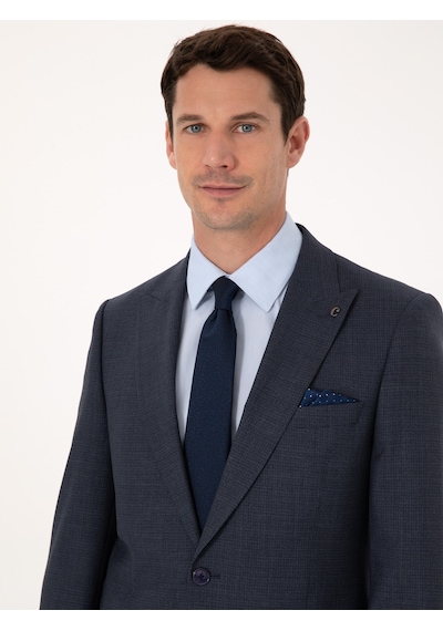 Cacharel Lacivert Slim Fit Yün Karışımlı Mikro Desen Kırlangıç Yaka Takım Elbise