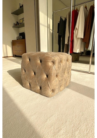 Küp Puf - Best İthal Kadife Babyface Kumaş Varak Baskı - Modern Ve Şık Dekoratif Puf&bench Sütlü Kahverengi