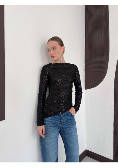 Verymoda Parlak Payetli Uzun Kollu Bluz - F2060 Siyah