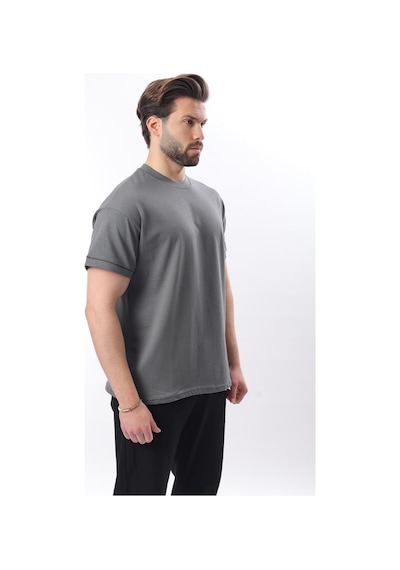 Madmext Füme Bisiklet Yaka Çoban Dikişli Overfit Erkek T-shirt E7103 Füme