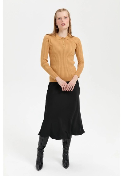 Desen Triko Kadın Polo Yaka Dikişsiz Kazak 24182 Camel Camel