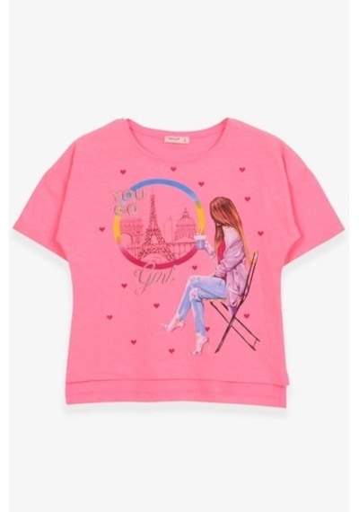 Breeze Kız Çocuk Tişört Kalpli Simli Kız Baskılı Neon Pembe (9-16 Yaş)