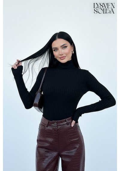 Lysven Solea Uzun Kollu, Boğazlı Yaka, Fitilli Dokusu Triko Bluz Siyah