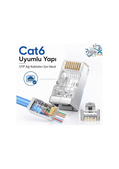 Primex Px-660m6 Cat6 Metal Rj45 Jack Utp Konnektör 100'lü Paket, Yeni Nesil Ağ Kablosu Ucu Ethernet