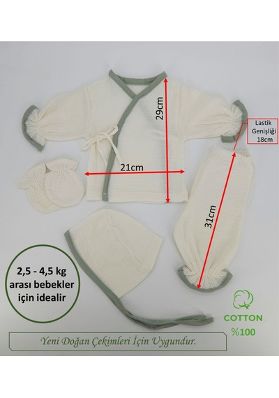 Gros Shop Yeni Doğan Burümcük Müslin Kumaş %100pamuk 4 Lü Hastane Çıkış Set Yeşil