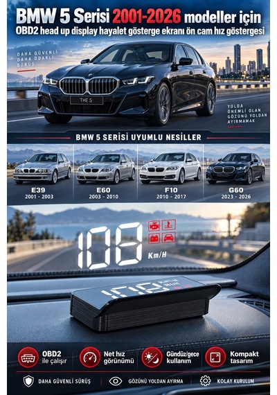 Bmw 5 Serisi 2001-2026 Modeller İçin Obd2 Head Up Display Hayalet Gösterge Ekranı Ön Cam Hız Göstergesi