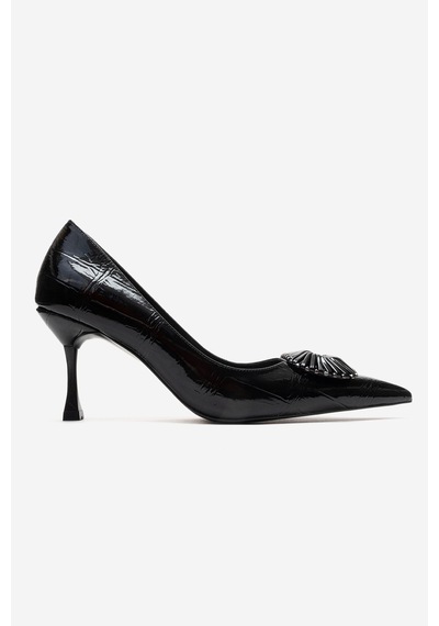 Luvishoes Rebel Siyah Baskılı Tokalı Kadın Topuklu Ayakkabı Siyah