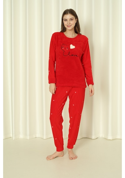 Wordex Fawn 04-3309 Peluş Welsoft Polar Kışlık Yumoş Kalpli Kedili Kadın Pijama Takımı Kırmızı Wordex Fawn 04-3309 Peluş Welsoft Polar Kışlık Yumoş Kalpli Kedili Kadın Pijama Takımı Kırmızı