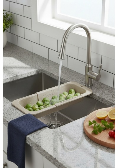 Sieve Bej - Pratik Ayarlanabilir Sürgülü Lavabo Süzgeci - Meyve Sebze Yıkama Aparatı Bej