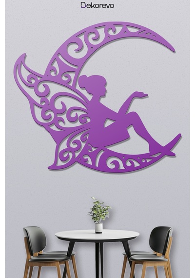 Peri Ve Hilal Ay Metal Duvar Tablosu - Metal Duvar Tablosu - Mor - 45 X 50 Cm
