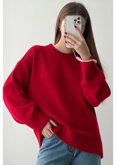 Madmext Madmext Bisiklet Yaka Oversize Triko Kazak MG1972 Kırmızı