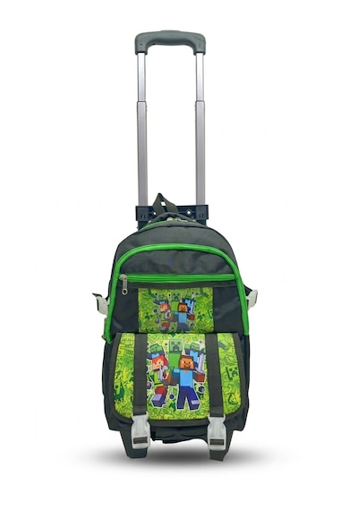 2 Kademeli Çekçekli Tekerlekli Karekter Desenli Laptop Bölmeli İlkokul Sırt Çantası 40 27 17 Cm Siyah/yeşil