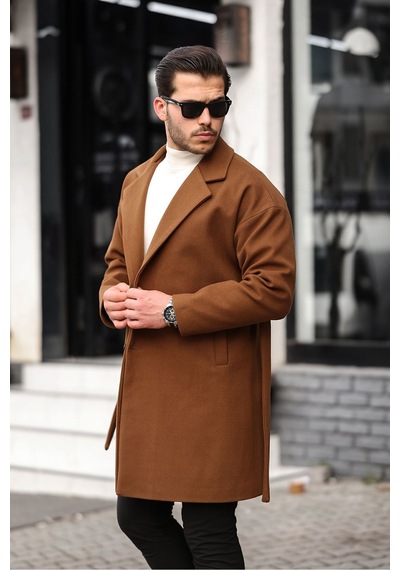 Mero Life Erkek Taba Kemerli Oversize Rahat Kesim Kaşe Kaban Taba