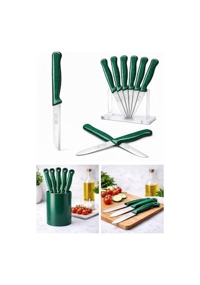 6&apos Lı Tırtıklı Meyve Bıçağı Seti, Paslanmaz Çelik, Ergonomik Kaymaz Sap, Ultra Keskin, Meyve Ve Sebze İçin, 18 Cm Yeşil
