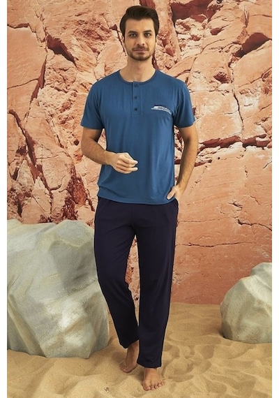 Arcan Erkek Kısa Kol Pijama Takımı Yazlık Viskon Mavi