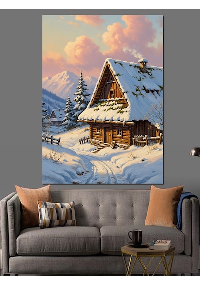 Ahşap Tablo Karlı Dağ Evi Manzarası