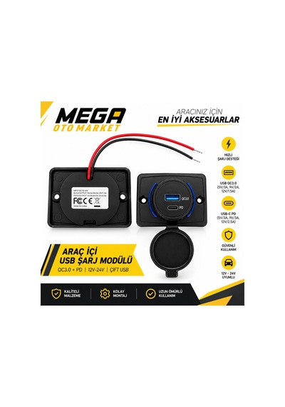 Mega Oto Market Usb 3.0 Ve Type-c Pd Hızlı Araç Şarj Soketi Koruma Kapaklı Panel Tipi Çakmaklık Güç Adaptörü 1 Adet