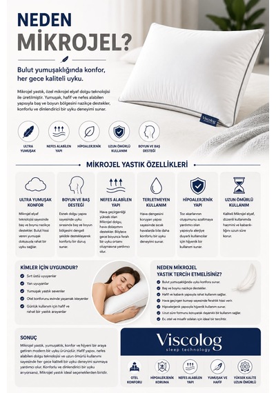 Viscolog Otel Konforu Rahat Mikrojel Yastık %100 Pamuk Kumaş 900 Gr Dolgu Hipoalerjenik Nefes Alan 50x70 Cm Tela Çantalı Beyaz
