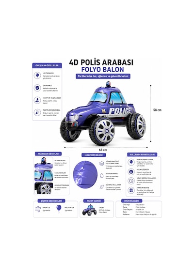 4d Polis Arabası Folyo Balon 68x58 Cm Polis Temalı Doğum Günü Parti Süsü Dekorasyon Çok Renkli