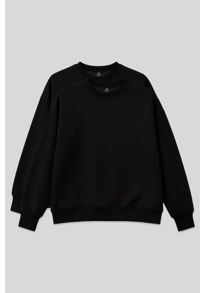 Basic Oversıze O Yaka 2li Paket Siyah Kadın Sweatshirt - 97053 Siyah