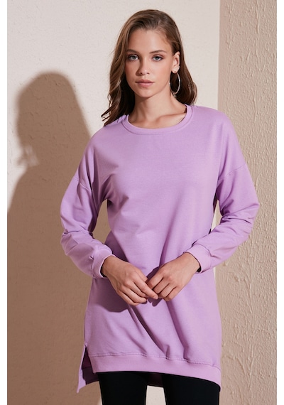 Lela Modest Pamuklu Bisiklet Yaka Oversize Fit Bayan Tunik 5864896 Lila