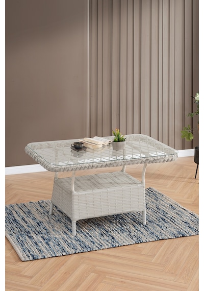 Edra Rattan Puflu Bahçe Balkon Takımı 3+1+1+camı Masa Kemik Rengi Kemik