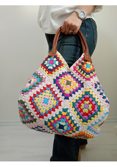 Embahandmde El Yapımı Renkli Granny Square Omuz Çantası Keten Astarlı Bohem Yazlık Kadın Çanta Krem - Bej