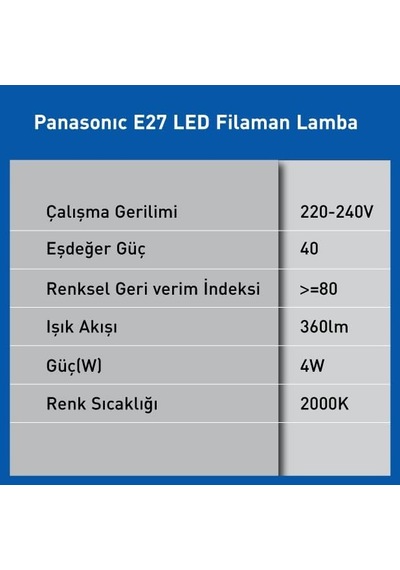 Panasonıc E27 Fil Lamba, Sarı Işık 4w 360lm 2000k Gold Genel
