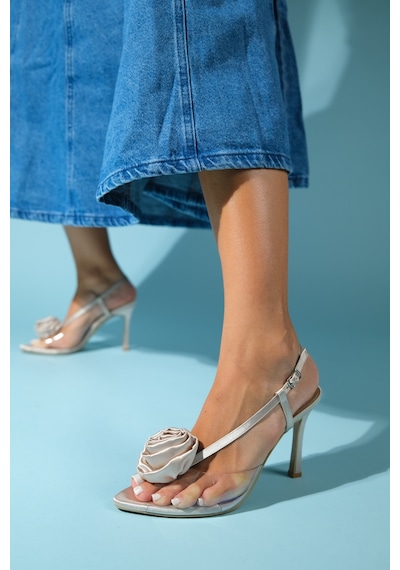 Luvishoes Luvi Shoes Aısne Bej Çiçekli Şeffaf Kadın İnce Topuklu Ayakkabı Bej