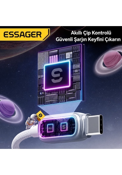 Essager 7a 100w Rgb Işıklı Usb-a To Type-c Hızlı Şarj Kablosu 480mbps Veri Aktarımı, Örgülü Dayanıklı Kablo 00354-00355 Beyaz 1 Metre