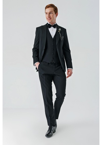 İmza Siyah Çıkarılabilir Kırlangıç Yaka Yelekli Likralı 6 Drop Slim Fit Smokin Damatlık 1001240200-Siyah İmza Siyah Çıkarılabilir Kırlangıç Yaka Yelekli Likralı 6 Drop Slim Fit Smokin Damatlık 1001240200-Siyah