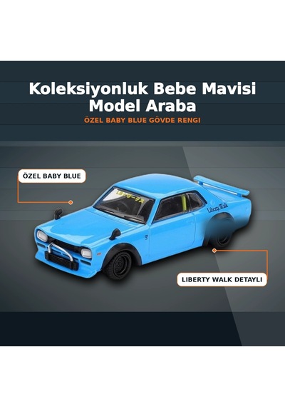 1/64 Ölçekli Baby Blue Nissan Lb Works Hakosuka Diecast Model Araba