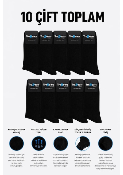 Trebears 10 Lu Paket Unisex Siyah Soket Çorap Seti Güçlendirilmiş Topuk & Burun Uzun Çorap