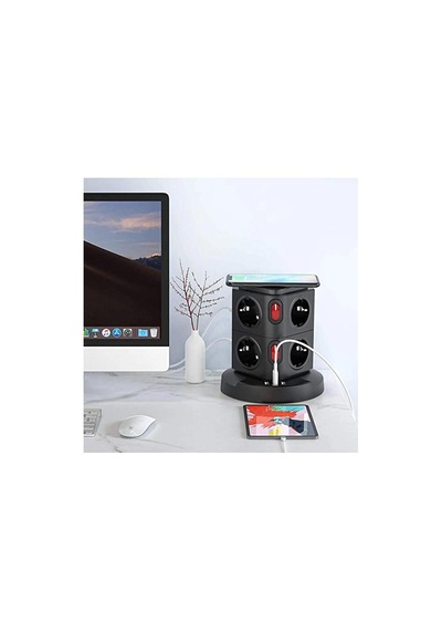 Masaüstü Kablo Toplayıcı 8 Li Priz 3 Usb Kablosuz Şarjlı 2 Metre Kablolu Kule Tipi Çoklu Priz 1 - 3 M