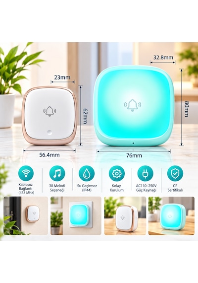 Hpytech Kablosuz Kapı Zili Seti 2 Alıcılı Ip44 Su Geçirmez 38 Melodi 433mhz Kolay Montaj