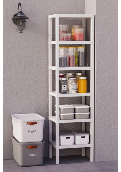 6 Katlı Plastik Raf Ünitesi, Beyaz, 150x38x29 Cm, Kitaplık, Banyo, Mutfak Rafı Mtfks-om-1108-6lı