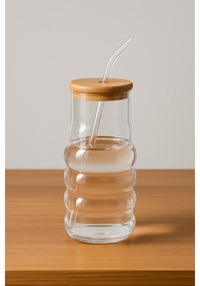 Bambu Kapaklı Motivasyon Cam Bardak / Suluk, 900 Ml, Pipet Hediyeli Şeffaf