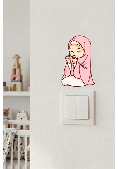 Priz Üstü Namaz Kılan Kız Çocuk Sticker Parlak Duvar Sticker Çocuk Odası Dekoru Çok Renkli