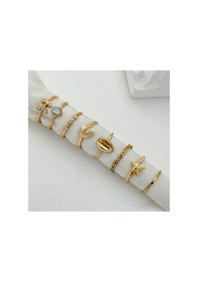 Lyria Gold Renk - 8 Adet Yıldız Figürlü Şık Tasarım Vintage Çoklu Altın Yüzük Seti