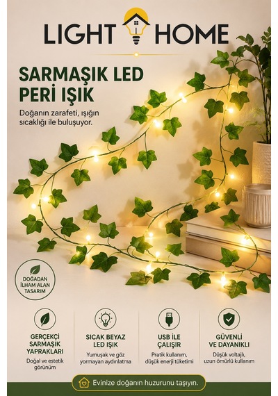3 Metre 30 Led Li Yapay Sarmaşık Peri Işık Balkon, Bahçe, Oda Ve Duvar Dekoru Sarı