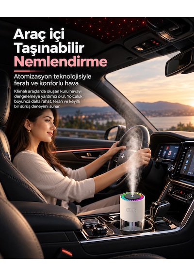 Yıldızlı Gökyüzü Projeksiyonlu Hava Nemlendirici Araç İçi Ofis Uyumlu Rgb Işıklı Döner Başlıklı Taşınabilir Buhar Makinesi 280 Ml